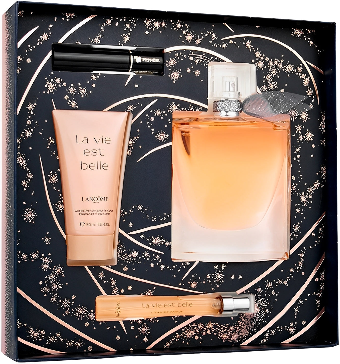 SET LA VIE EST BELLE EDP 100ML+CREMA CORPORAL 50ML+MASCARA PARA PESTAÑAS HYPNOSE 2ML+PERFUMERO 10ML LANCOME PARA DAMA