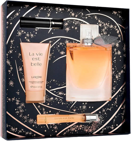 SET LA VIE EST BELLE EDP 100ML+CREMA CORPORAL 50ML+MASCARA PARA PESTAÑAS HYPNOSE 2ML+PERFUMERO 10ML LANCOME PARA DAMA